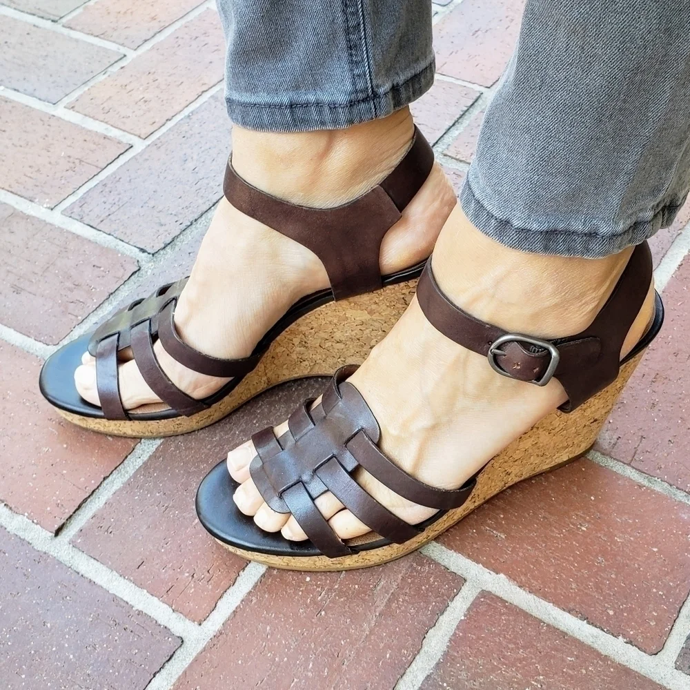 Lucky Brand Willows Cork Wedge Platform Huarache Sandal Brown Leather Size 10